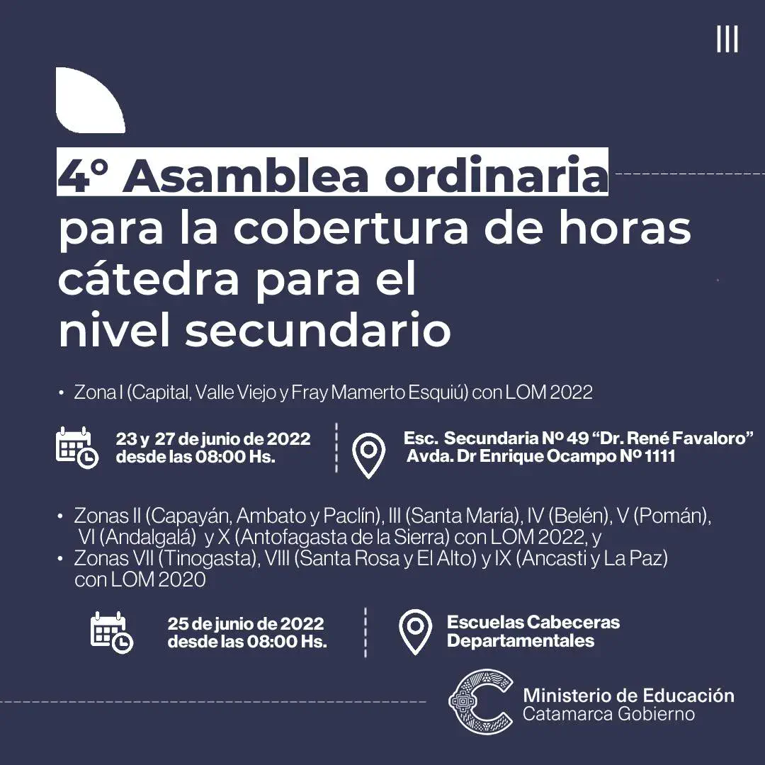 4° Asamblea ordinaria para la cobertura de horas cátedra para el nivel secundario