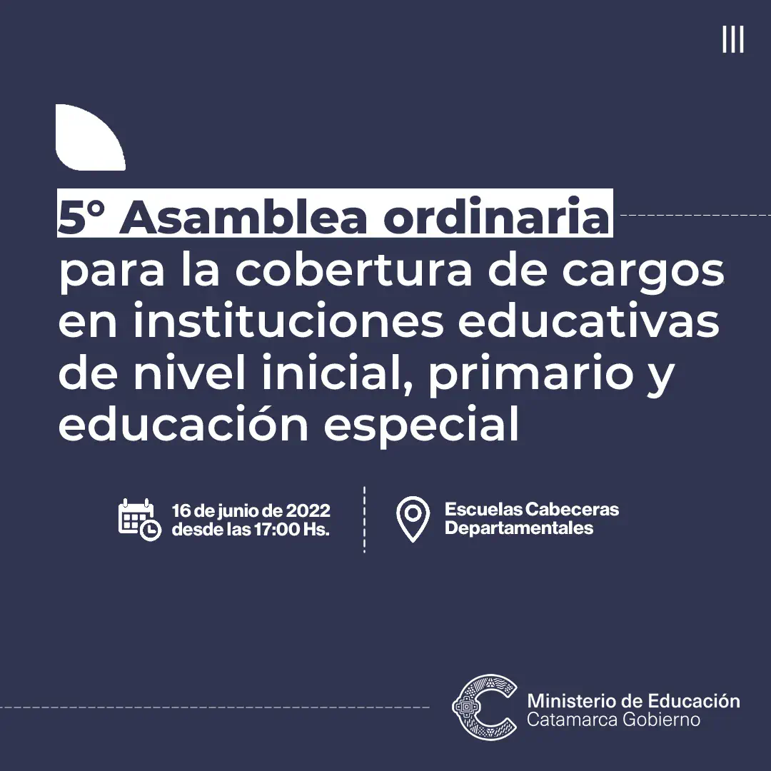 5° Asamblea ordinaria para la cobertura de cargos en instituciones educativas de nivel inicial, primario y educación especial