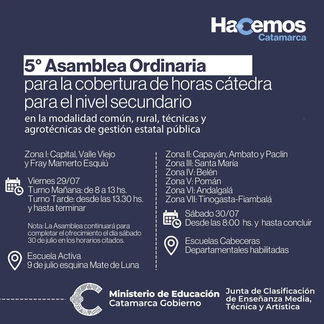 5° Asamblea ordinaria para la cobertura de horas cátedra para nivel secundario