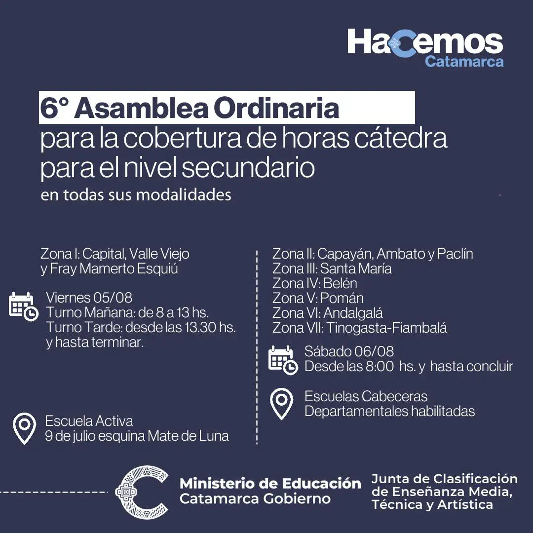 6° Asamblea ordinaria para la cobertura de horas cátedra para el nivel secundario