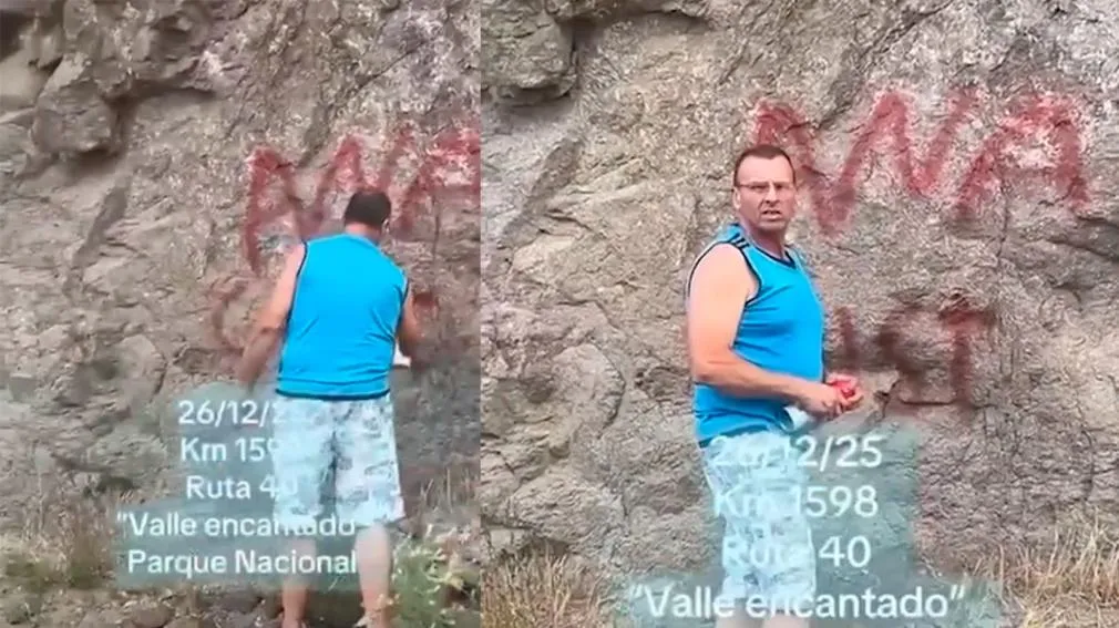 El camionero que pintó un grafiti en el Parque Nacional Nahuel Huapi deberá limpiar las paredes que vandalizó