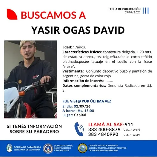Un afiche policial de busqueda de paradero muestra la foto y los datos personales de Yasir Ogas David.