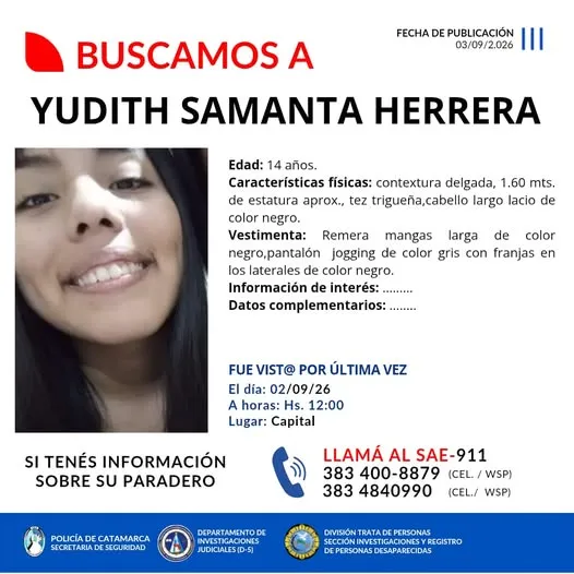 Un afiche policial de busqueda de paradero muestra el retrato y los datos de Yudith Samanta Herrera.