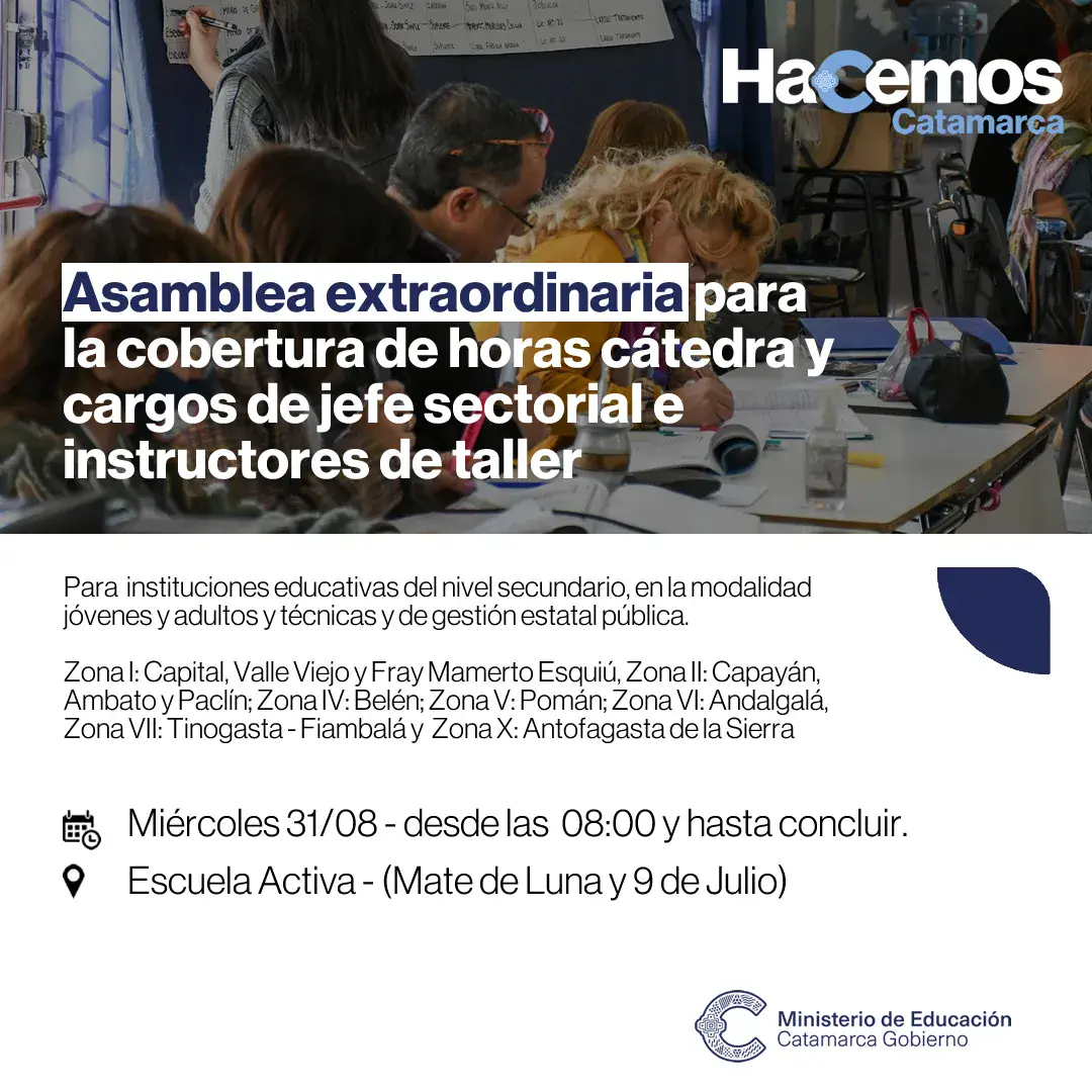 Asamblea extraordinaria para la cobertura de horas cátedra y cargos de jefe sectorial e instructores de taller