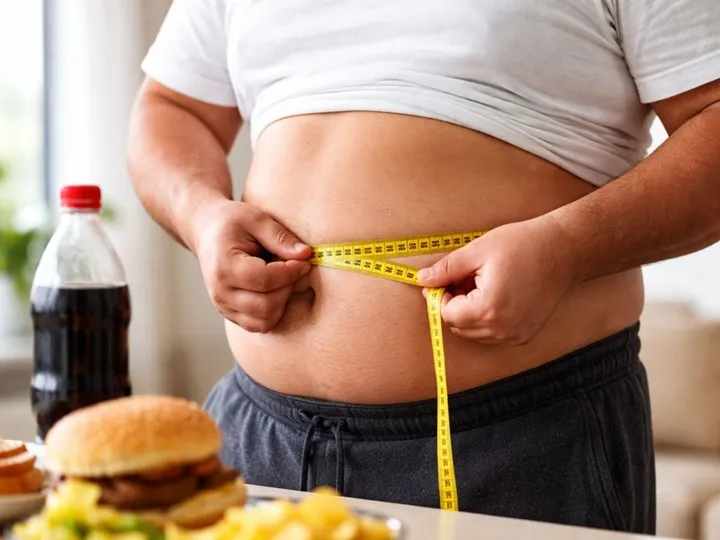 Un hombre mide el contorno de su abdomen con un centimetro frente a una hamburguesa y una gaseosa.