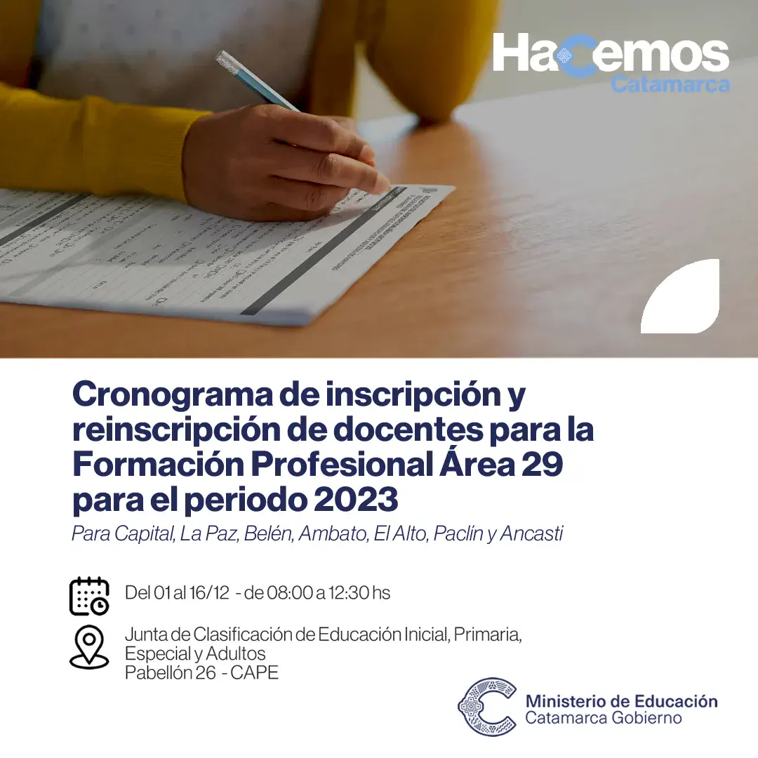 Cronograma de inscripción y reinscripción de docentes para la Formación Profesional Área 29 para el periodo 2023