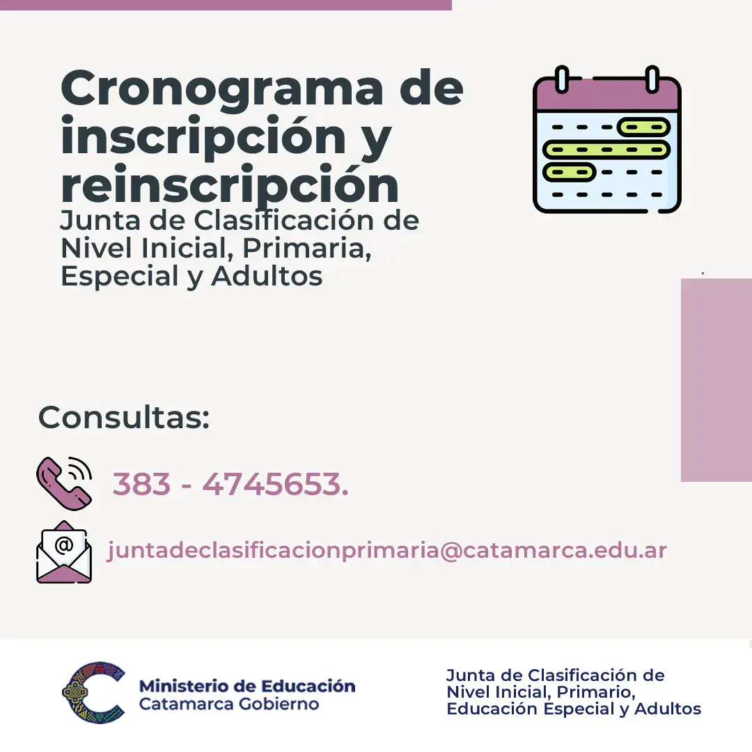 Cronograma de inscripción y reinscripción Junta de Clasificación de Nivel Inicial, Primaria, Especial y Adultos