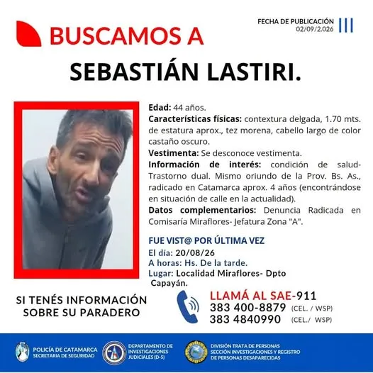 Afiche de búsqueda policial con datos personales y el retrato de Sebastián Lastiri.