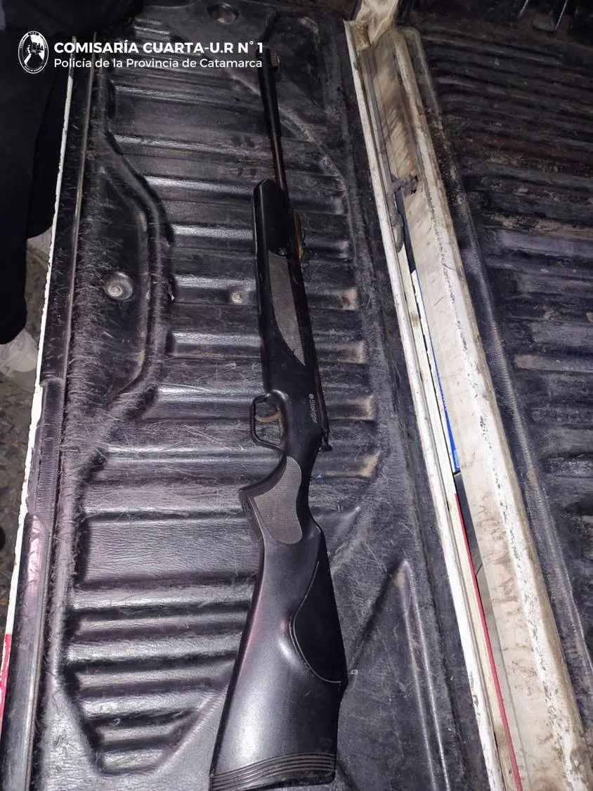 Un rifle de aire comprimido negro se encuentra apoyado sobre la caja de una camioneta.