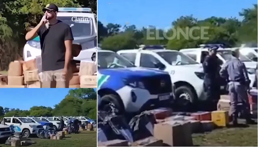 Un collage muestra a un hombre haciendo el gesto de silencio y camionetas policiales junto a bultos secuestrados.