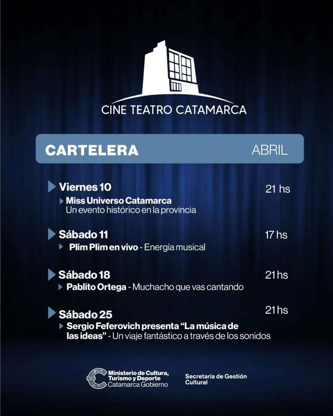 El Cine Teatro Catamarca presenta su cartelera de abril con propuestas para todos los públicos