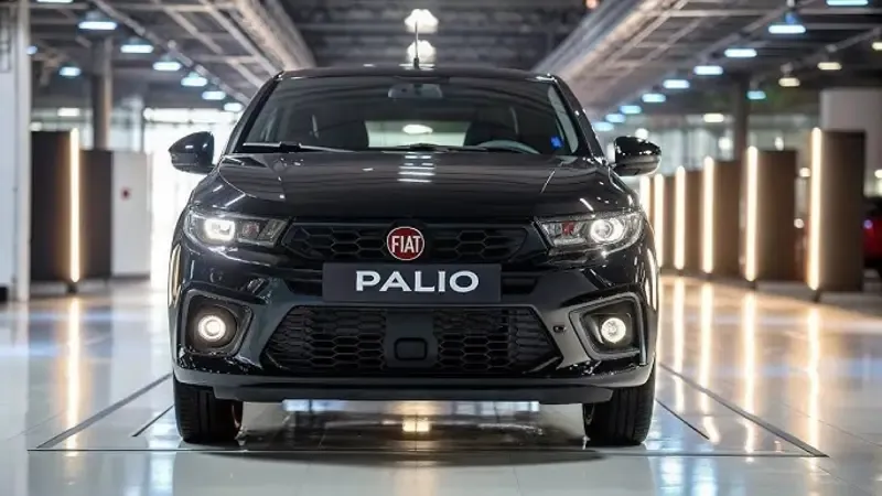 Un auto Fiat Palio negro de frente en una fábrica iluminada.