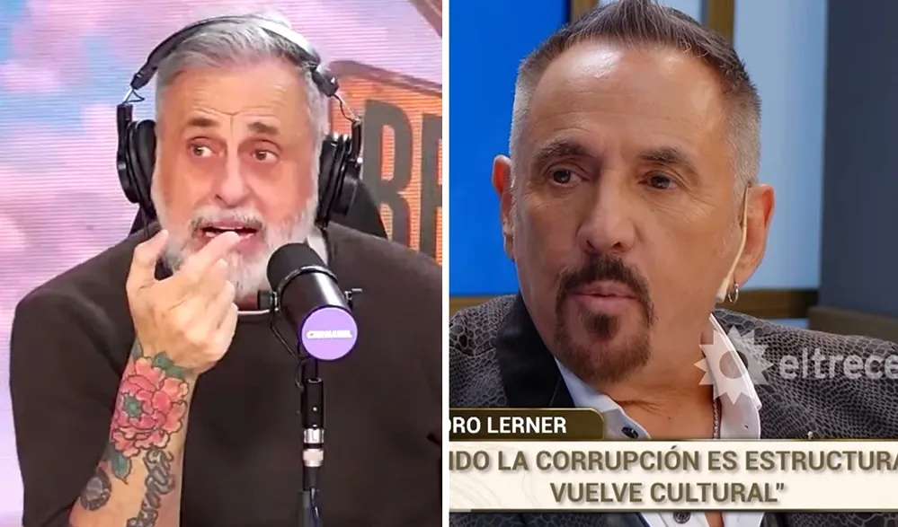 Jorge Rial con auriculares en un estudio y Alejandro Lerner en una entrevista televisiva en una imagen dividida.