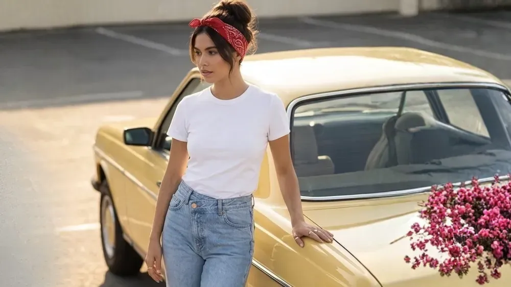 Una mujer con remera blanca, jean y vincha roja posa apoyada sobre el baúl de un auto amarillo con flores.