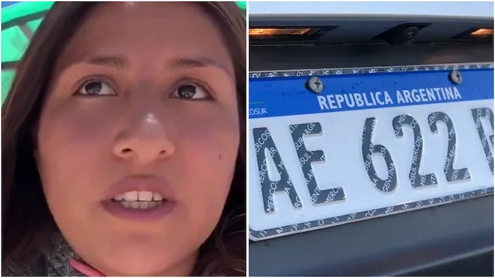 Una mujer habla a cámara junto a un primer plano de una patente de auto de Argentina.