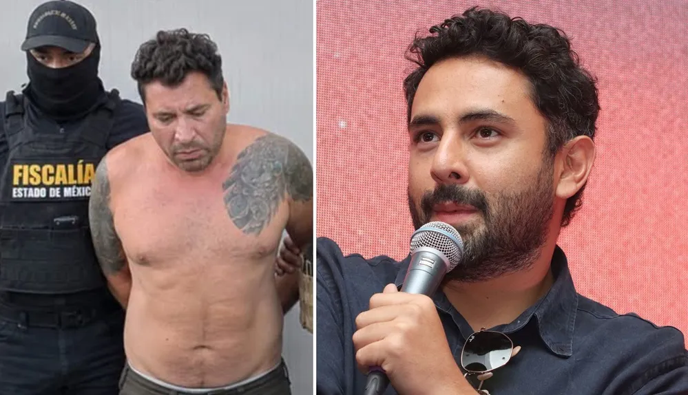 Composición dividida con un hombre escoltado a torso desnudo a la izquierda y otro con micrófono a la derecha.