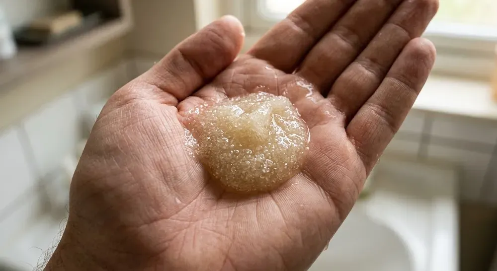 Una porcion de gel exfoliante con pequenas particulas apoyada en la palma abierta de una mano.