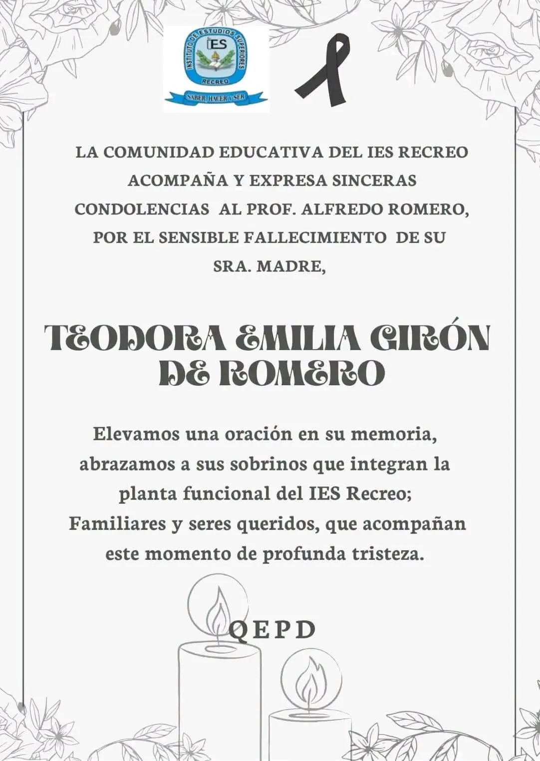 Un cartel de condolencias del IES Recreo con un lazo negro y dibujos de velas encendidas.