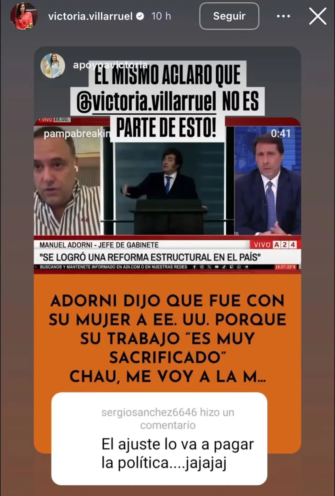El irónico posteo que publicó Victoria Villarruel contra Manuel Adorni por el viaje de su esposa