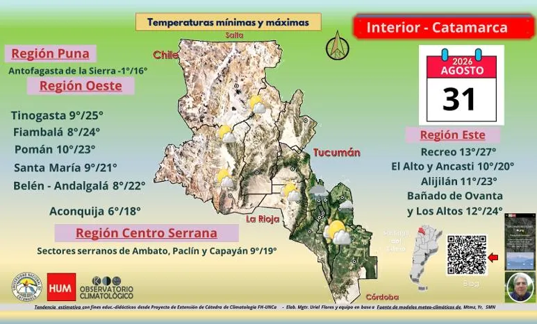Mapa de la provincia de Catamarca con datos meteorologicos y temperaturas por regiones.