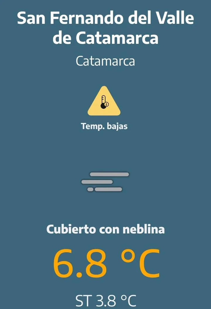 El SMN emitió un alerta por bajas temperaturas para la capital catamarqueña