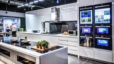 Una cocina moderna en exhibición con muebles blancos, hornos empotrados y una isla con plantas.