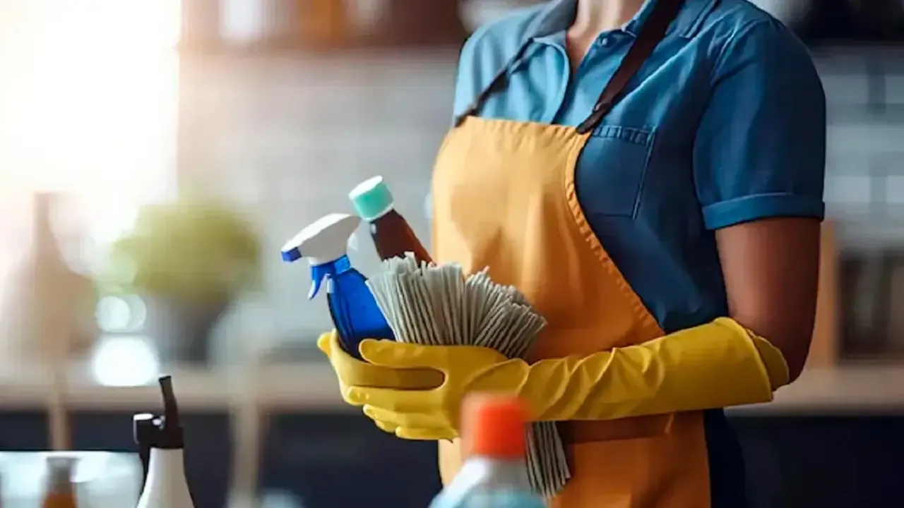 Una persona con delantal amarillo y guantes sostiene un trapo y productos de limpieza.