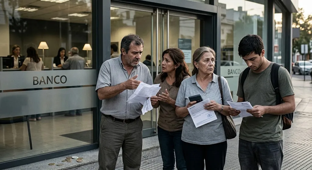 Un grupo de personas sostiene papeles y conversa frente a la puerta vidriada de un banco.