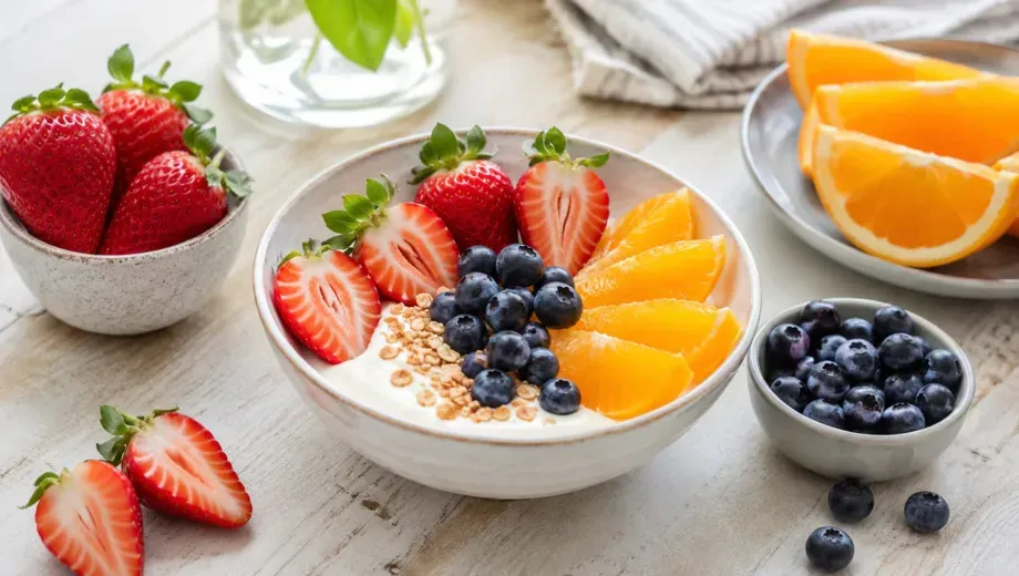 Un tazón con yogur, granola, arándanos, frutillas y gajos de naranja sobre una mesa junto a recipientes con frutas.