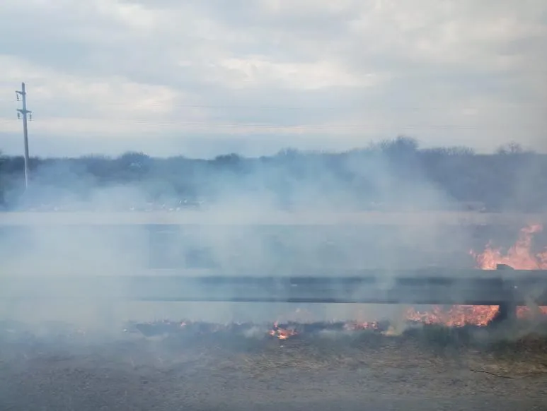 Fuego y humo espeso sobre la banquina y el pasto al costado de un guardarraíl en la ruta.