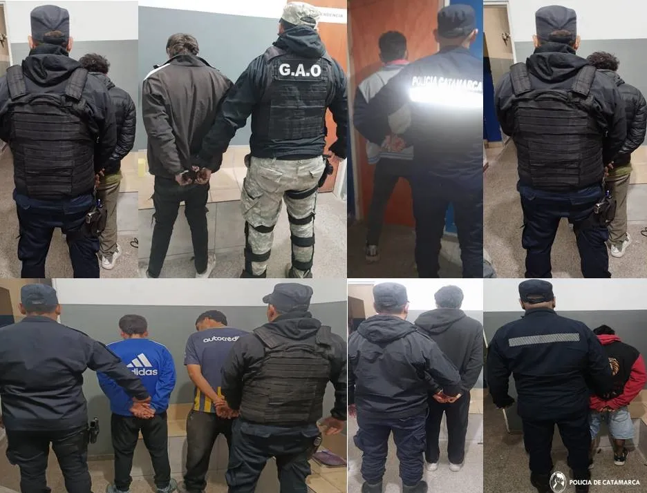 Un collage muestra a varios hombres detenidos de espaldas contra la pared junto a efectivos policiales.