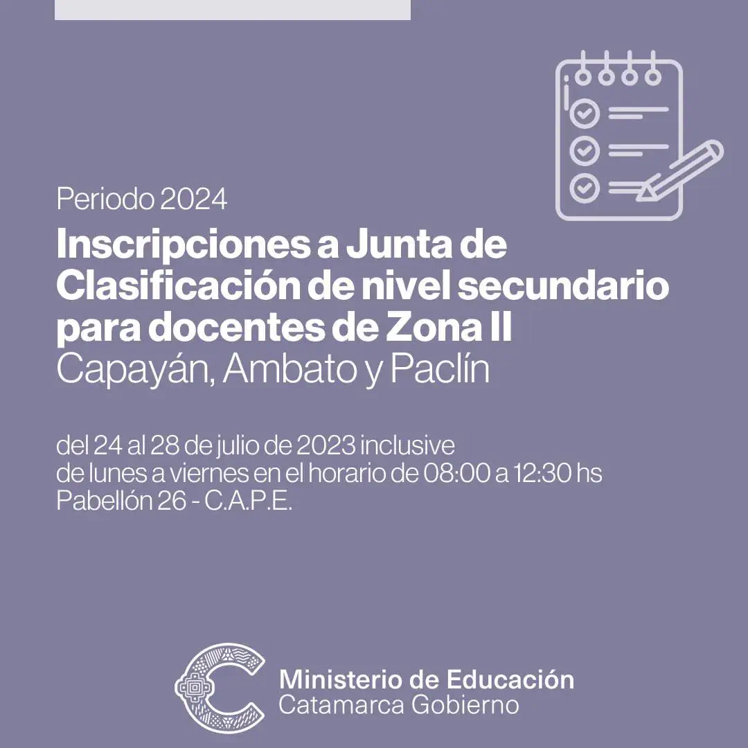 Inscripciones a Junta de Clasificación de nivel secundario para docentes de Zona II