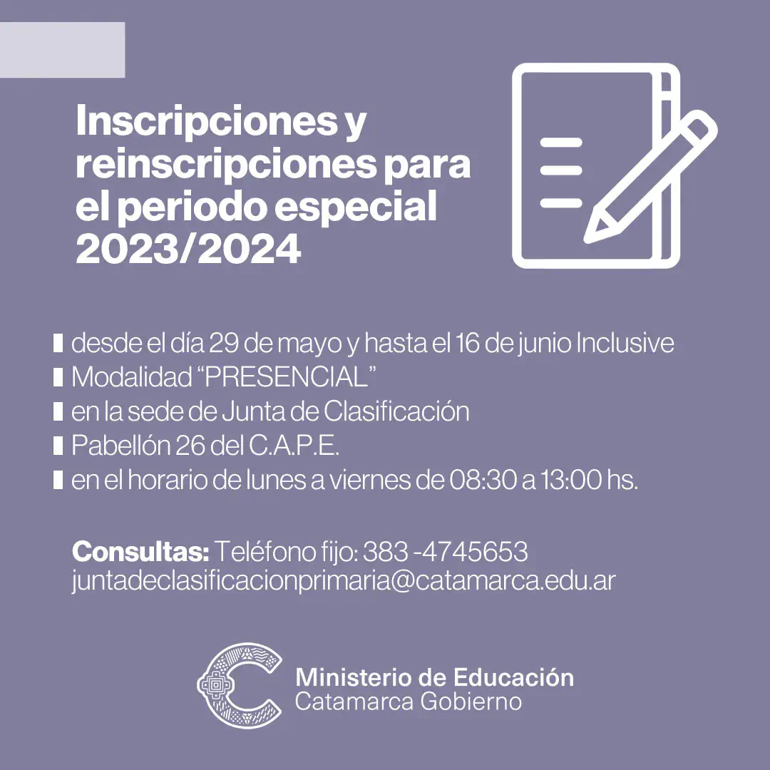 Inscripciones y reinscripciones para el periodo especial 2023/2024 en Junta de Clasificación de nivel Inicial, Primaria, Especial y Adultos
