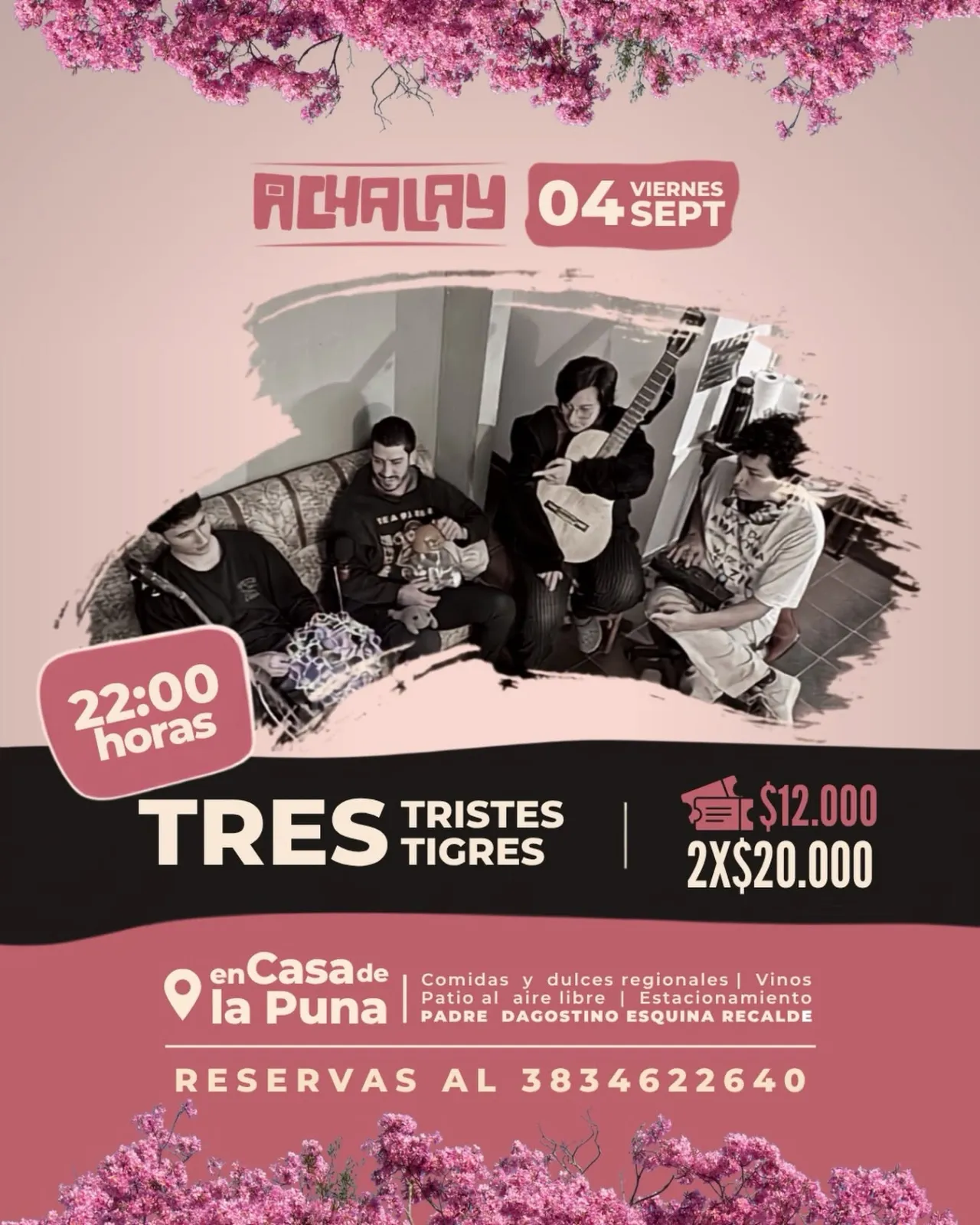 Afiche publicitario de un recital con cuatro músicos en un sillón tocando instrumentos, fecha, precio y datos del evento.