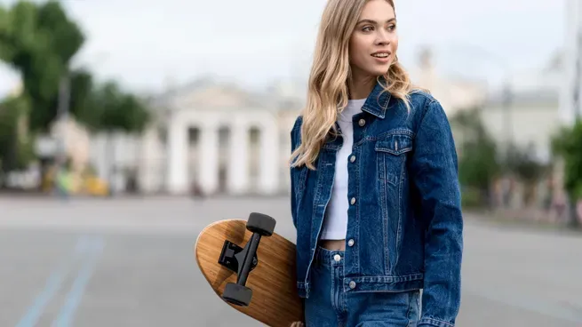 Una joven con campera de jean sostiene una patineta en una calle.