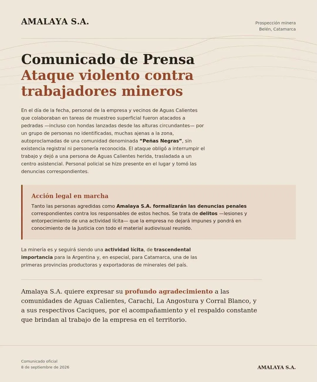 Comunicado de prensa impreso de la empresa Amalaya S.A. sobre un ataque a trabajadores mineros.