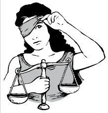 Ilustración en blanco y negro de una mujer levantándose una venda de los ojos mientras sostiene una balanza.