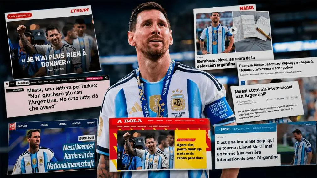 Lionel Messi con la camiseta de la selección argentina rodeado de recortes de noticias internacionales.