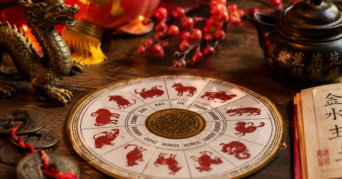 Una rueda del horóscopo chino sobre una mesa de madera junto a una tetera, monedas y una estatuilla de dragón.
