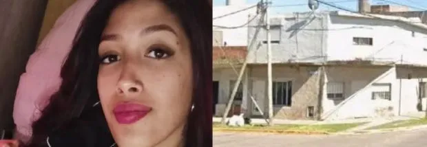 Composición partida con el rostro en primer plano de una joven a la izquierda y el frente de una casa a la derecha.