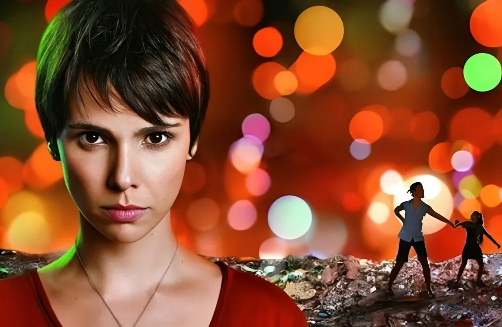 Una mujer de pelo corto en primer plano frente a un fondo con luces desenfocadas y dos figuras caminando abajo.