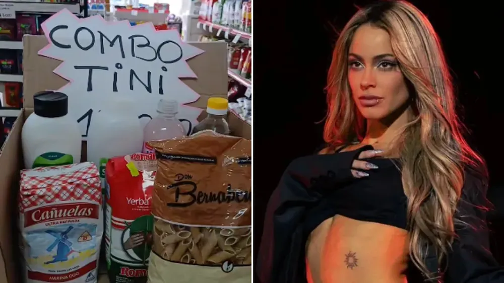 Caja con mercaderia y cartel de combo junto a la cantante Tini Stoessel.
