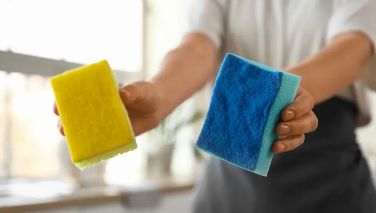 Una persona sostiene con sus manos dos esponjas de limpieza, una amarilla y otra azul.