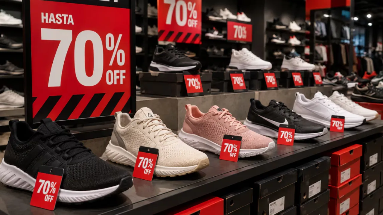 Zapatillas deportivas exhibidas en estantes de un local comercial con carteles de descuento.