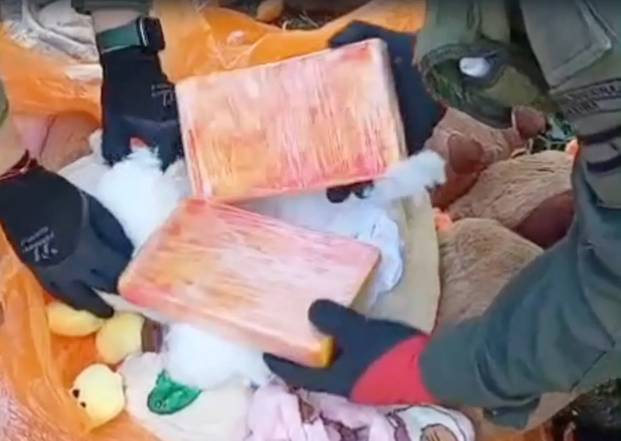 Dos personas con guantes sostienen dos paquetes rectangulares entre peluches y bolsas.