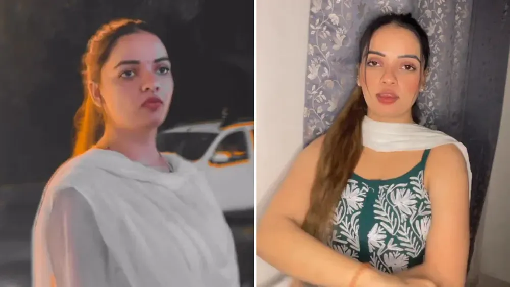 Una mujer con el pelo atado y chalina blanca en un montaje de dos tomas distintas.