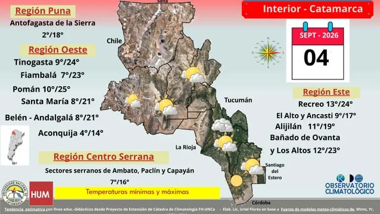 Mapa de Catamarca con las temperaturas mínimas y máximas previstas por regiones para el 4 de septiembre.