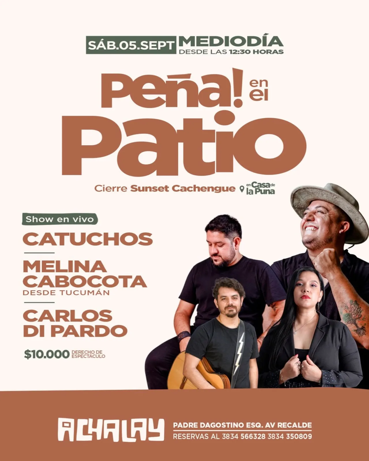 Afiche promocional de un show folclórico con fotos de músicos, textos de presentación, fecha y lugar.