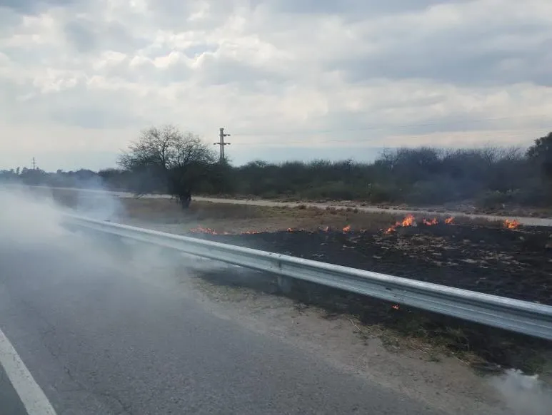 Pastizales prendidos fuego y humo al costado de una ruta detrás del guardarraíl.