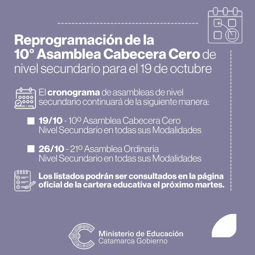 Reprogramación de la 10° Asamblea Cabecera Cero de nivel secundario